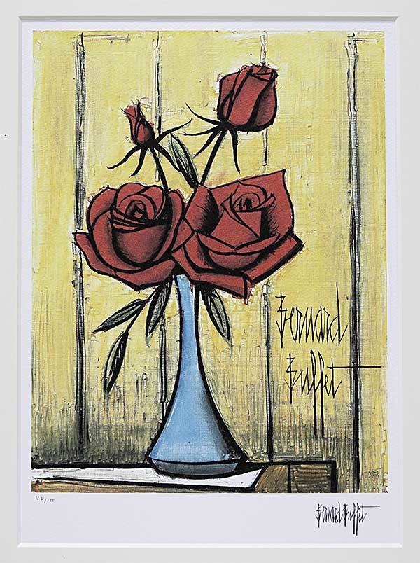 ベルナール・ビュッフェ、【Roses】、希少な額装用画集より、厳選 ベルナール・ビュッフェ「Roses rouge dans un vase bleu 42/100」薔薇