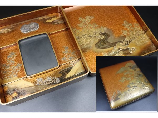 46】超豪華 本金蒔絵桜絵 硯箱 時代梨地 御硯箱 時代箱入