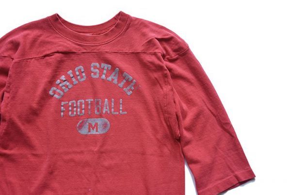 70s Champion フットボールT Ohio バータグ USA製 赤 L 100～♪1970'S CHAMPION フットボール Tシャツ OHIO ブルーバータグ