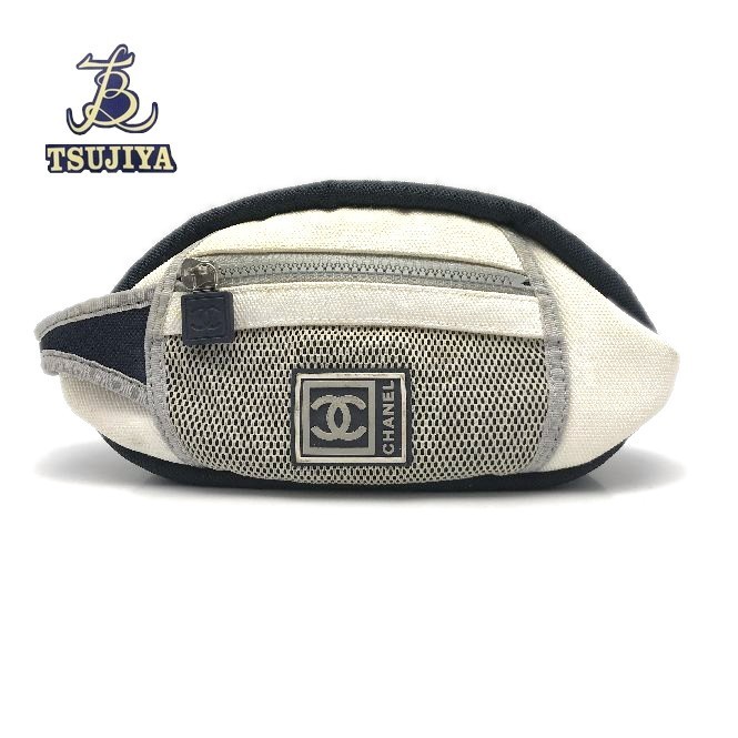 CHANELシャネル スポーツライン ポーチ 白 グレー メッシュ 中古B 【辻