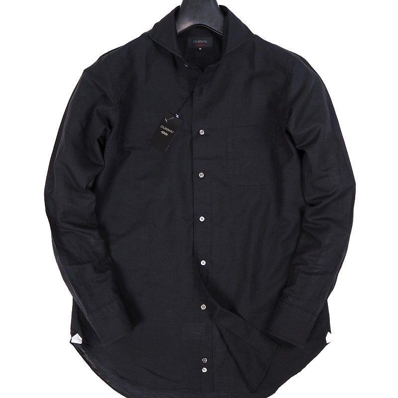 新品 定価1.9万 ダーバン イタリア製生地 リネン シャンブレー カッタウェイ シャツ 長袖 M メンズ 春夏 D'URBAN 日本製 H538 ブラック