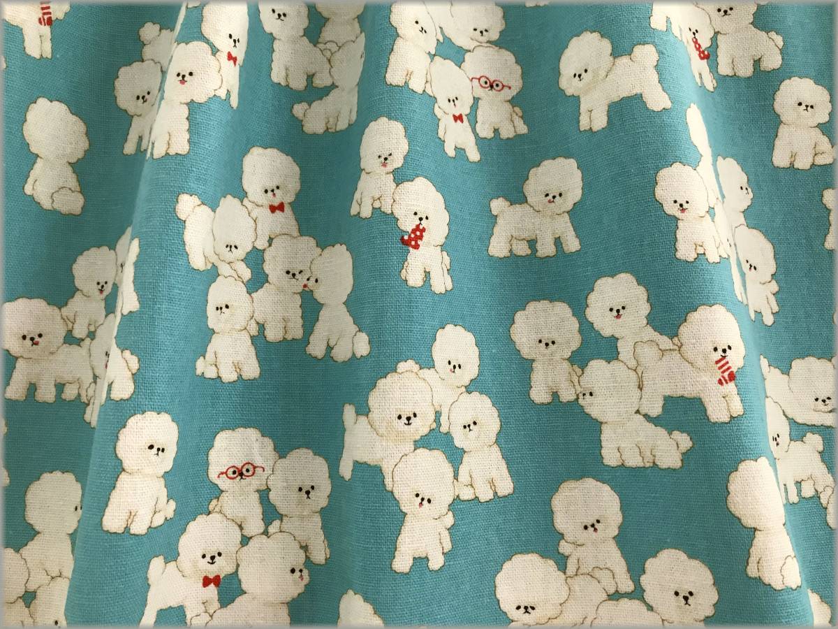 mets☆計5m*綿麻キャンバス*ビションフリーゼ犬*turquoise*1C