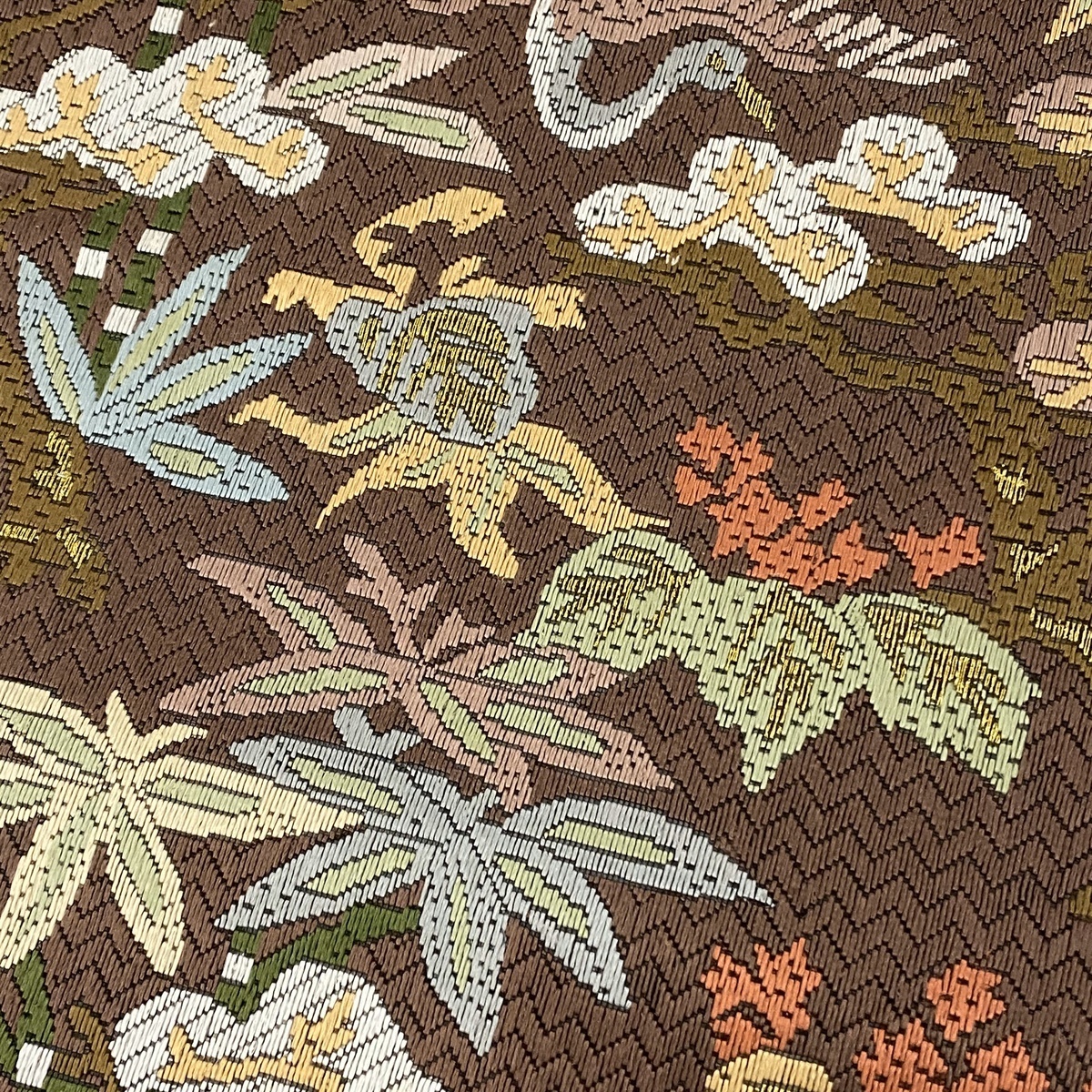 袋帯 逸品 鶴 草花 金糸 小豆色 全通 正絹 【中古】 値引き済
