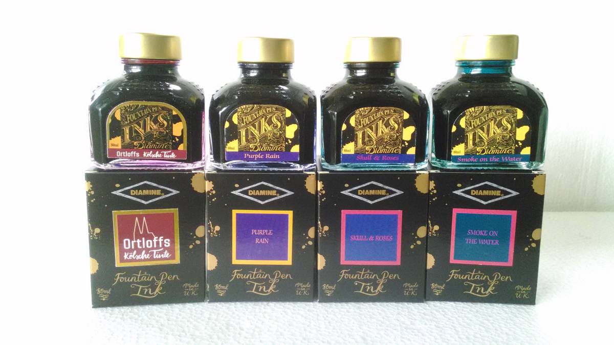★ドイツ限定 Diamine ダイアミン 万年筆 インク 80ml × 4個 セット - Ortloff / Skull & Roses / Smoke on the water / Purple rain