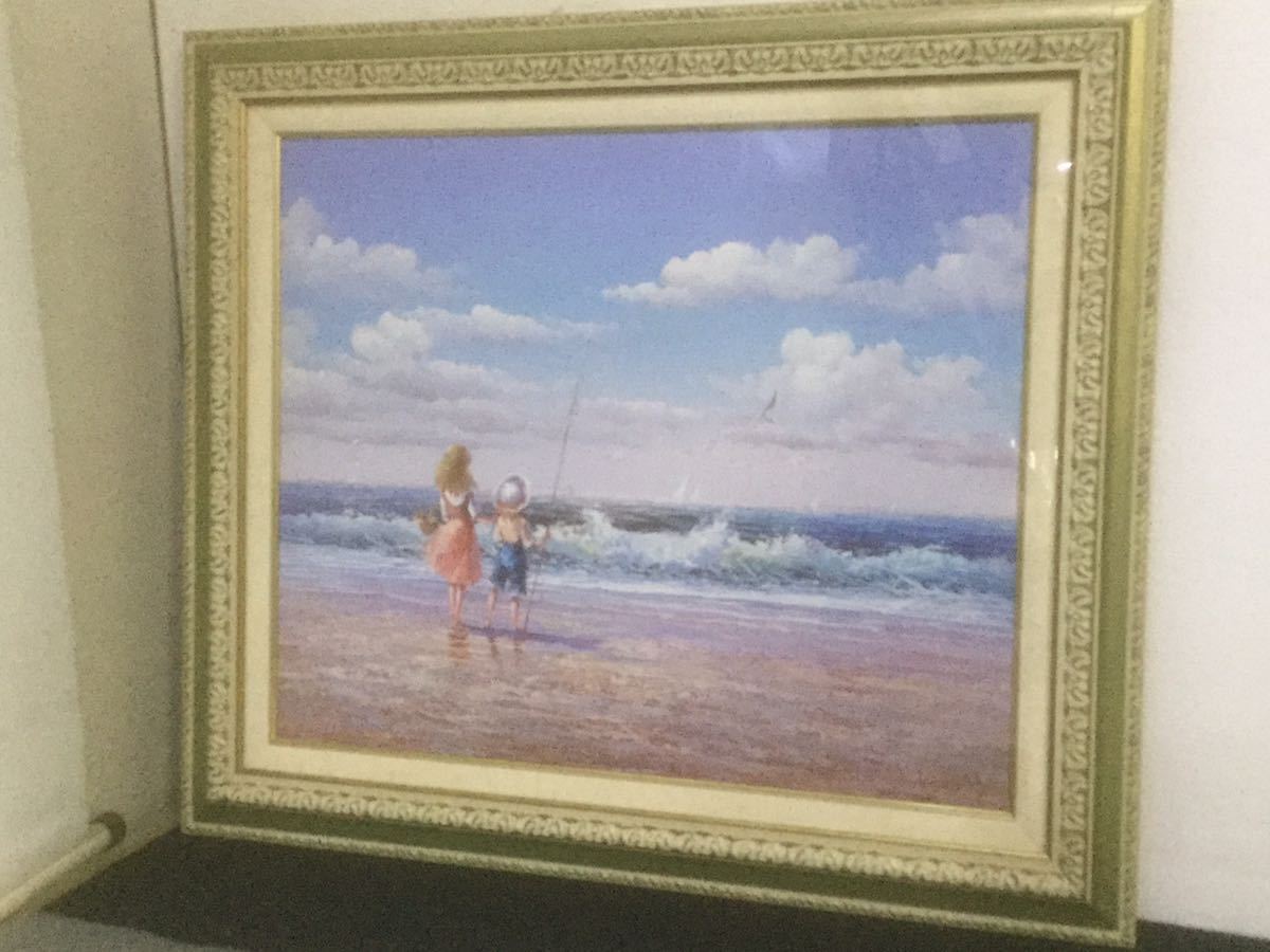 油絵　専用確認　海とカモメ サ3231M☆油彩画 外国人作家 サイン在り 「海とカモメと姉妹」（仮）