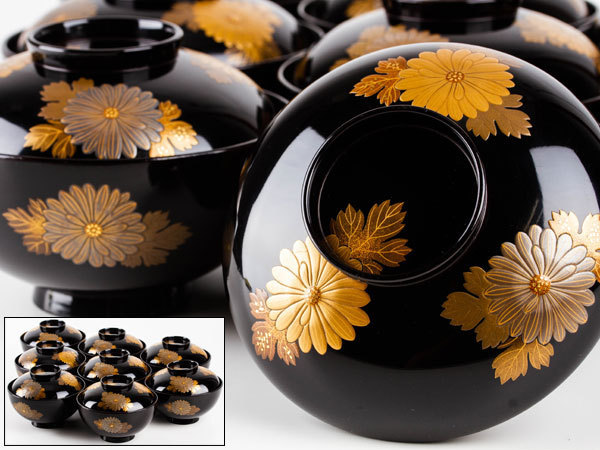 【未使用】平安 象彦 菊蒔絵 小吸物膳 5客組 共箱 懐石道具 木製漆器 追記有 平安 象彦 菊蒔絵 小吸物膳 5客組 共布 共箱 懐石道具