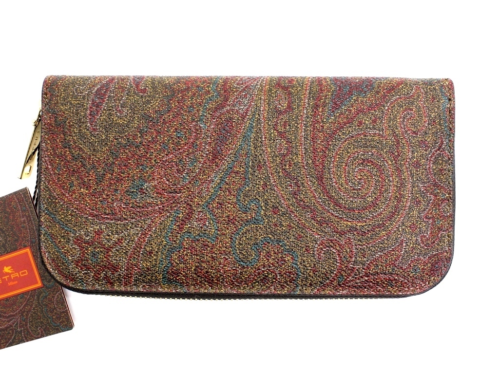 8万新品◇【ETRO】エトロ ブラウン系ペイズリー柄ラウンドジップ長財布1円