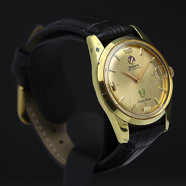 1円★稼動品【ラドー/RADO】グリーンホース　デイト　30石　ゴールド文字盤　ラウンド　レザー/黒　AT　メンズ腕時計　A0015414