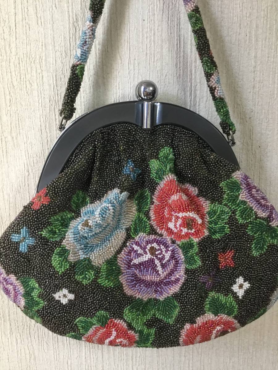 昭和レトロ ビーズバッグ 花柄 はしもと 即決