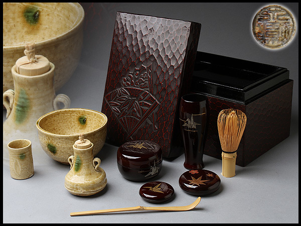CP751 茶道具 鎌倉彫扇彫文茶箱・鎌倉彫利休茶箱 一式（蒔絵棗/蒔絵