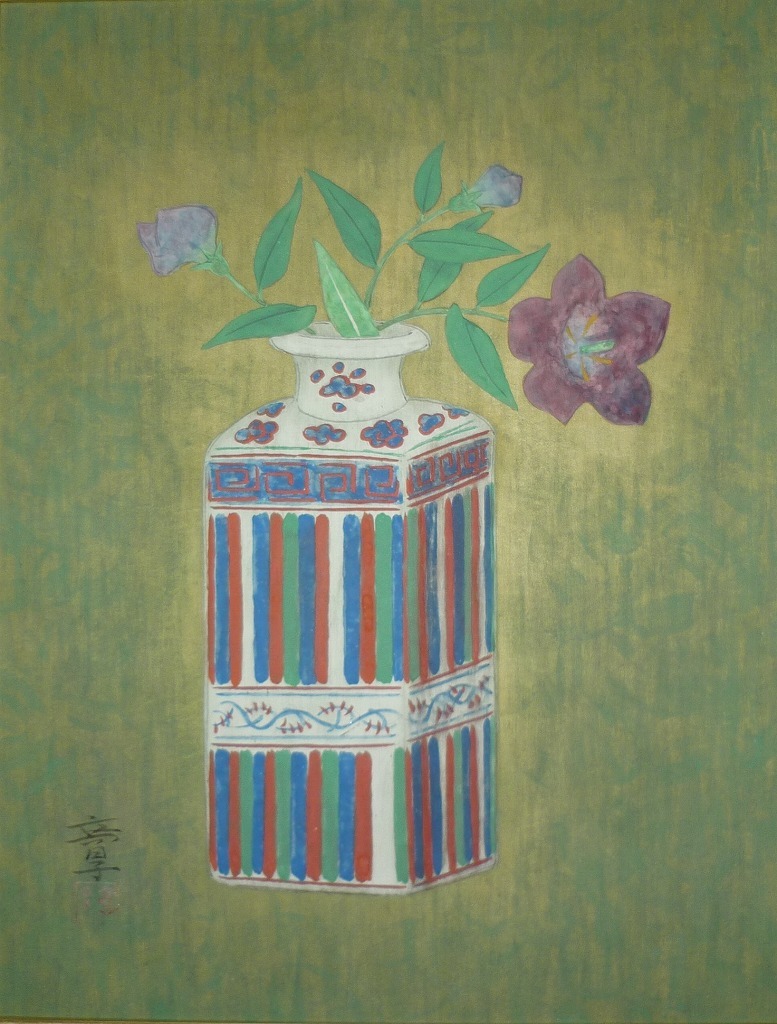 ☆絵画☆作者不詳 サイン有 日本画6号 桔梗 共シール☆M30 ☆絵画