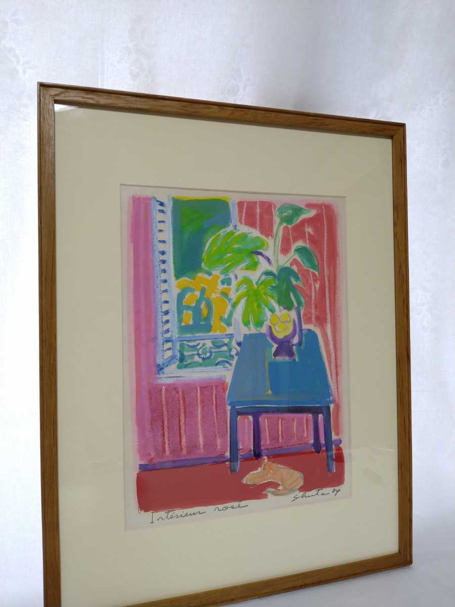 真作保証 森崎修太 オイルオンペーパーに油彩「バラ色の部屋」画寸 25 