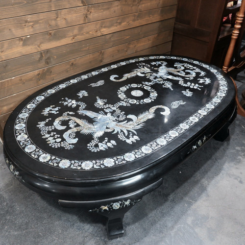 螺鈿細工家具☆折り畳み☆楕円形ローテーブル☆アンティーク 螺鈿