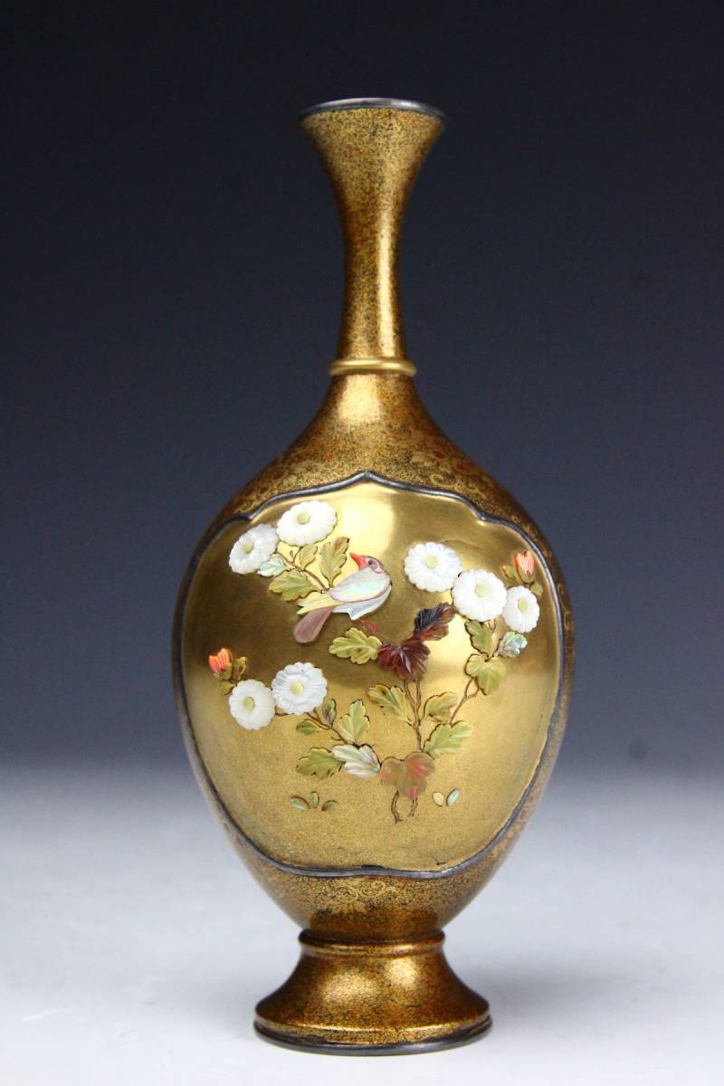 LIG】時代名品 極上細密細工 本金梨地芝山象嵌花鳥図銀縁花瓶 14.5