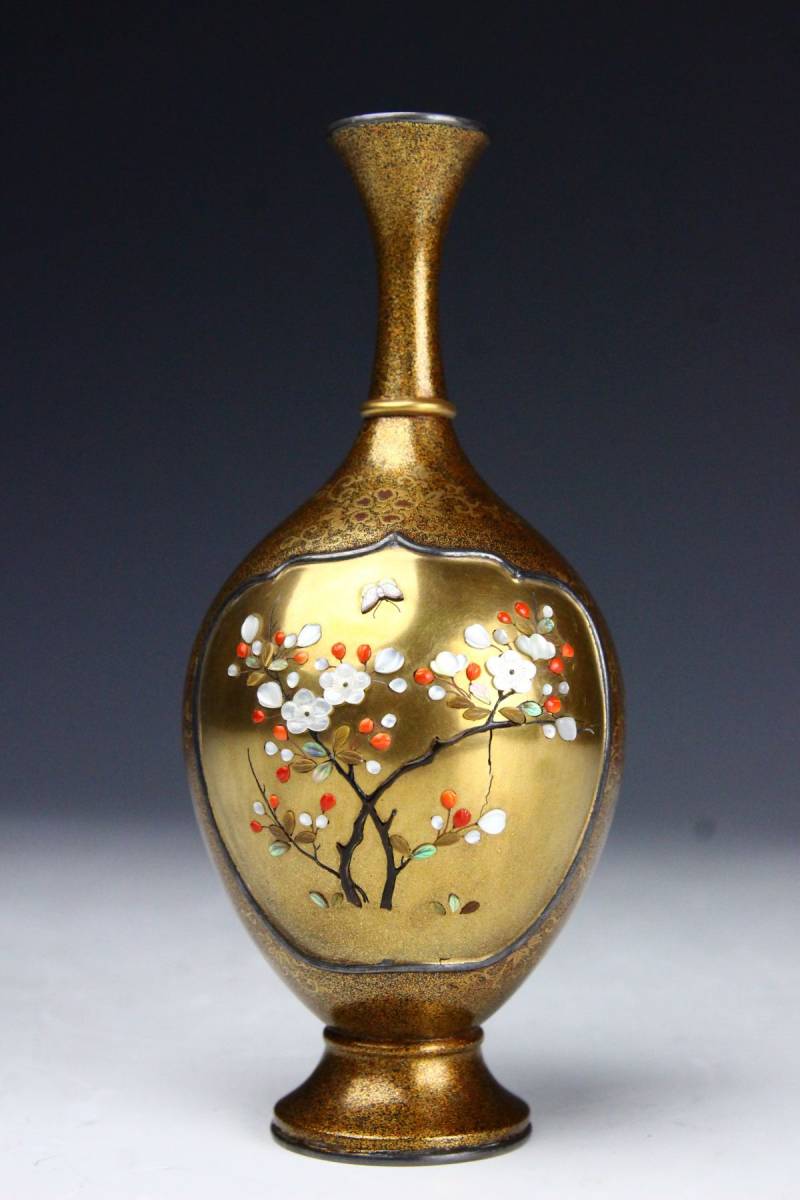 LIG】時代名品 極上細密細工 本金梨地芝山象嵌花鳥図銀縁花瓶 14.5