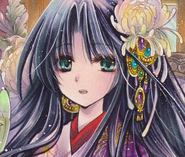 同人手描きイラスト・オリジナル『菊花の窓辺』A4サイズ水彩イラスト