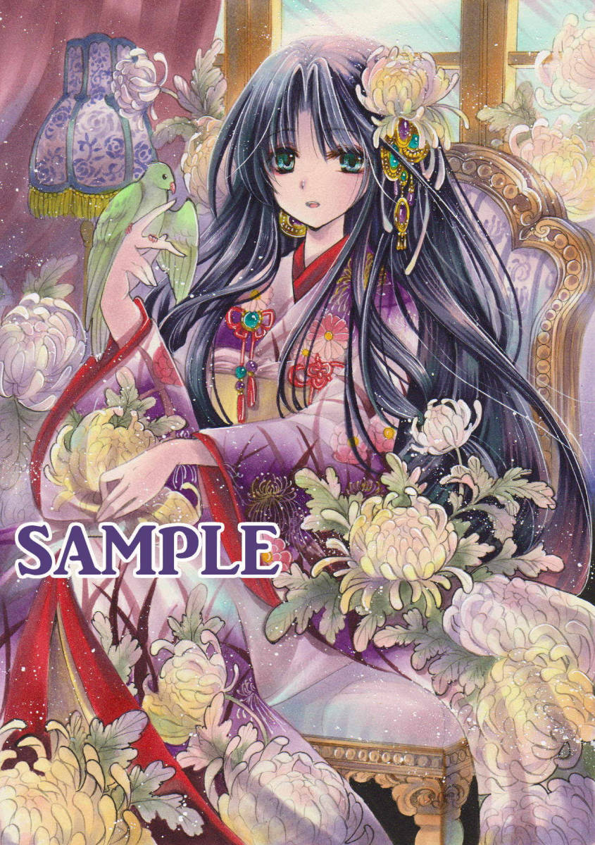 同人手描きイラスト・オリジナル『菊花の窓辺』A4サイズ水彩イラスト