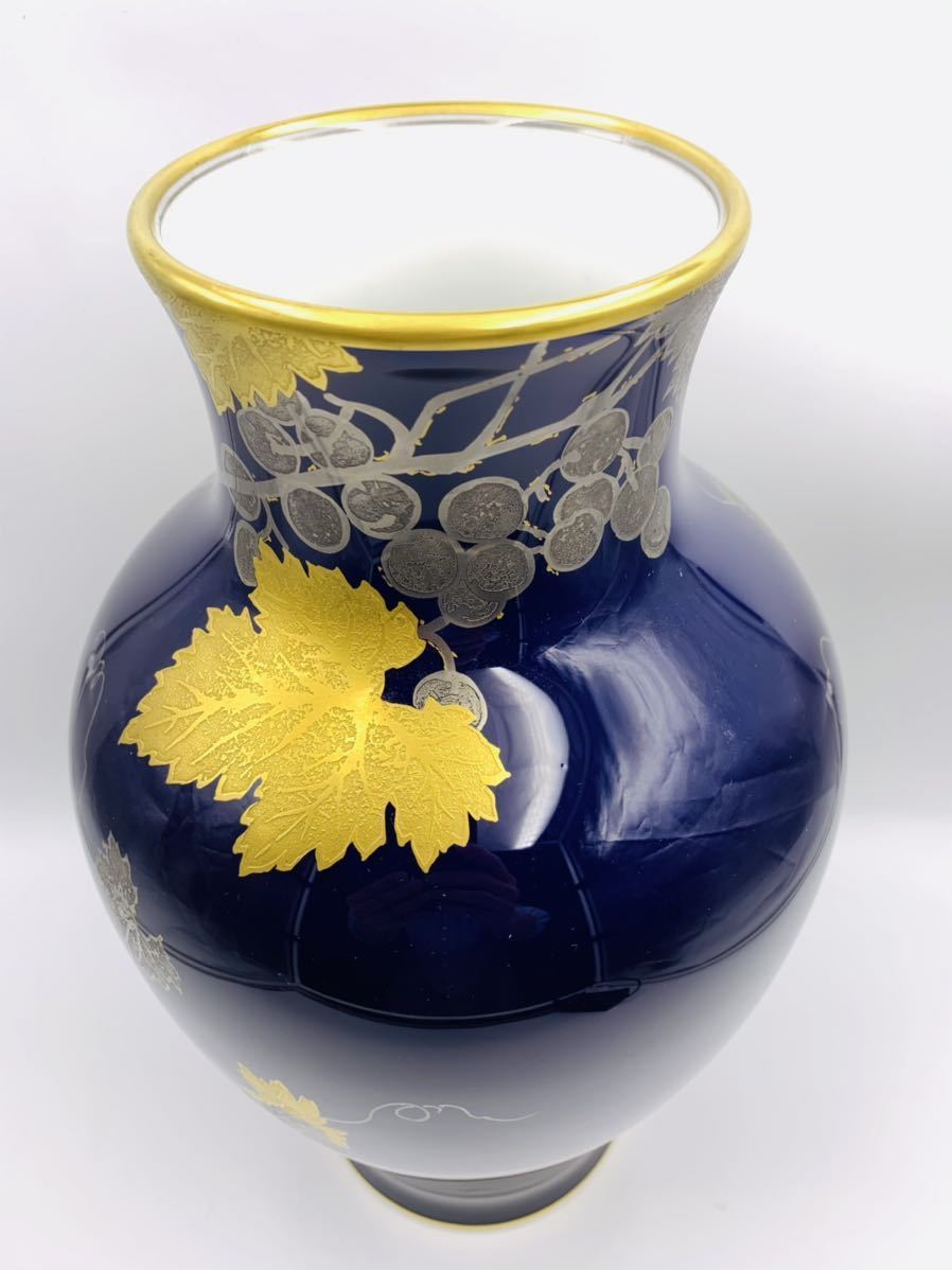 大倉陶園 花瓶 36cm 瑠璃片葉金 瑠璃金蝕葡萄 カップ＆ OKURA