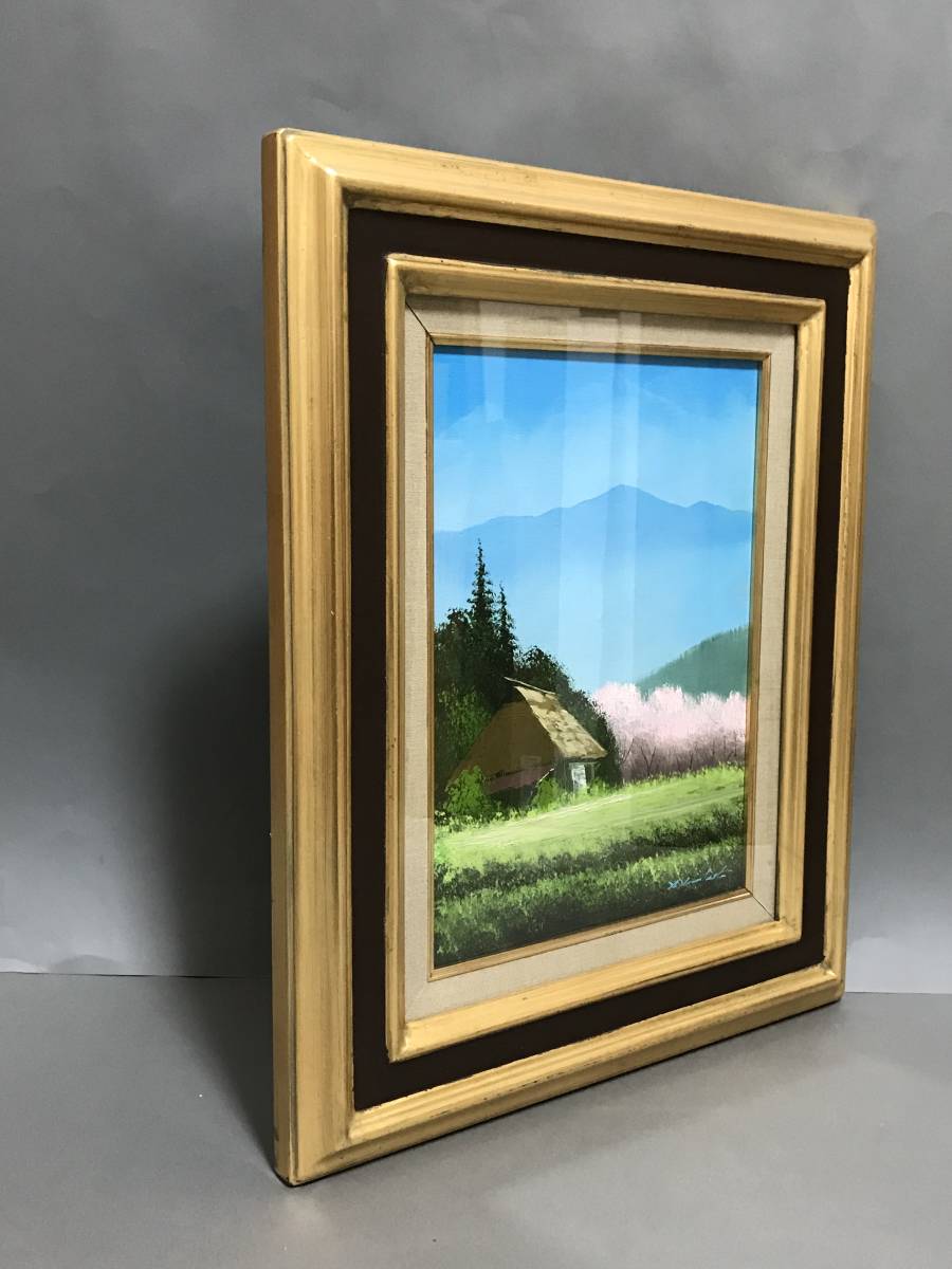 真作 羽中田晴夫 油彩「杏の里」画寸 F4 山梨県出身 山