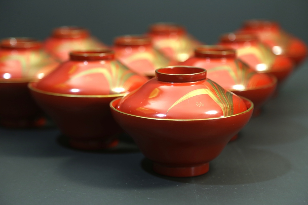 菖蒲蒔絵　吸物椀 明治期 木製 菖蒲蒔絵 朱塗 吸い物椀10客 67 【公式通販】