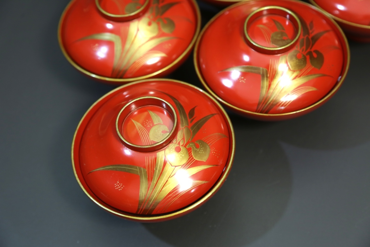 明治期 木製 菖蒲蒔絵 朱塗 吸い物椀10客 67 【公式通販】