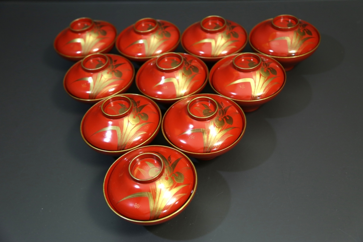 菖蒲蒔絵　吸物椀 明治期 木製 菖蒲蒔絵 朱塗 吸い物椀10客 67 【公式通販】