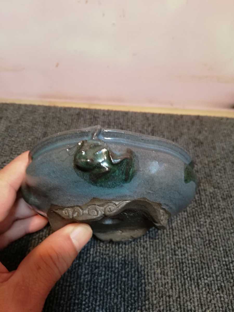 古本正志梅形鉢 ▽古本正志 緑釉蟹付網籠彫楕円鉢 11.5×9.5×5.1cm