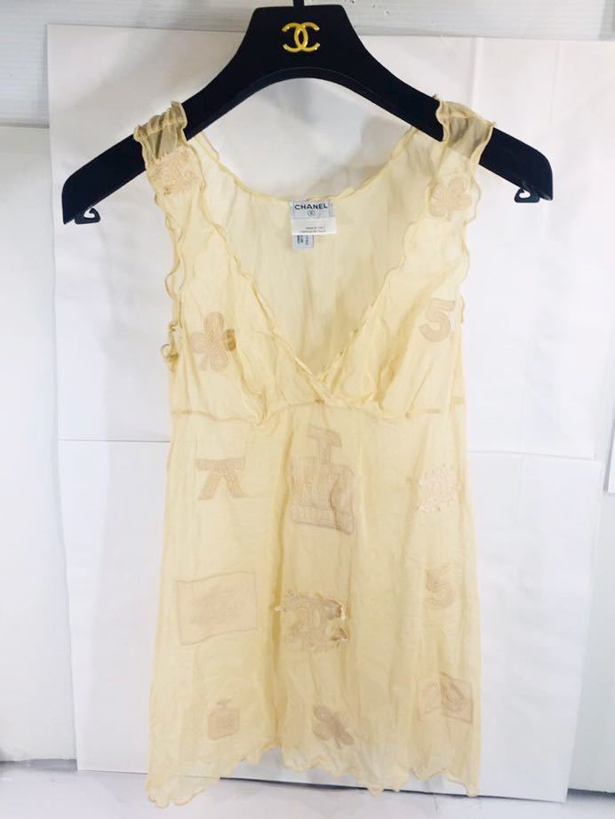 １円★ 美品【CHANEL】シャネル★ キャミソール36 シースルートップス★レース ココマーク No5. ロゴ★イタリア製 used ほぼ未使用ボ　