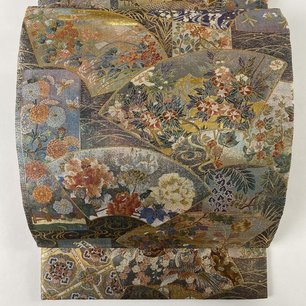 丸帯 美品 名品 伝承国宝図 壱阡八百口織 リバーシブル 扇面 草花