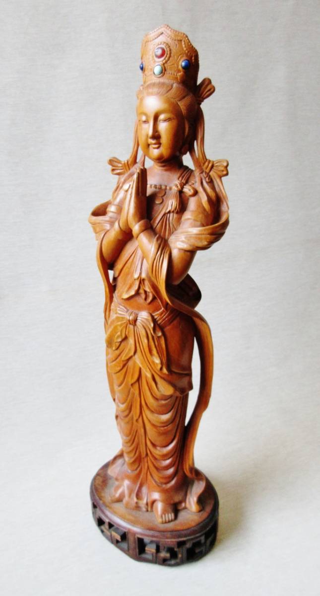 中国古玩玉入り仏像【木彫り合掌観音像】透かし彫り台座込 高さ40cm_1