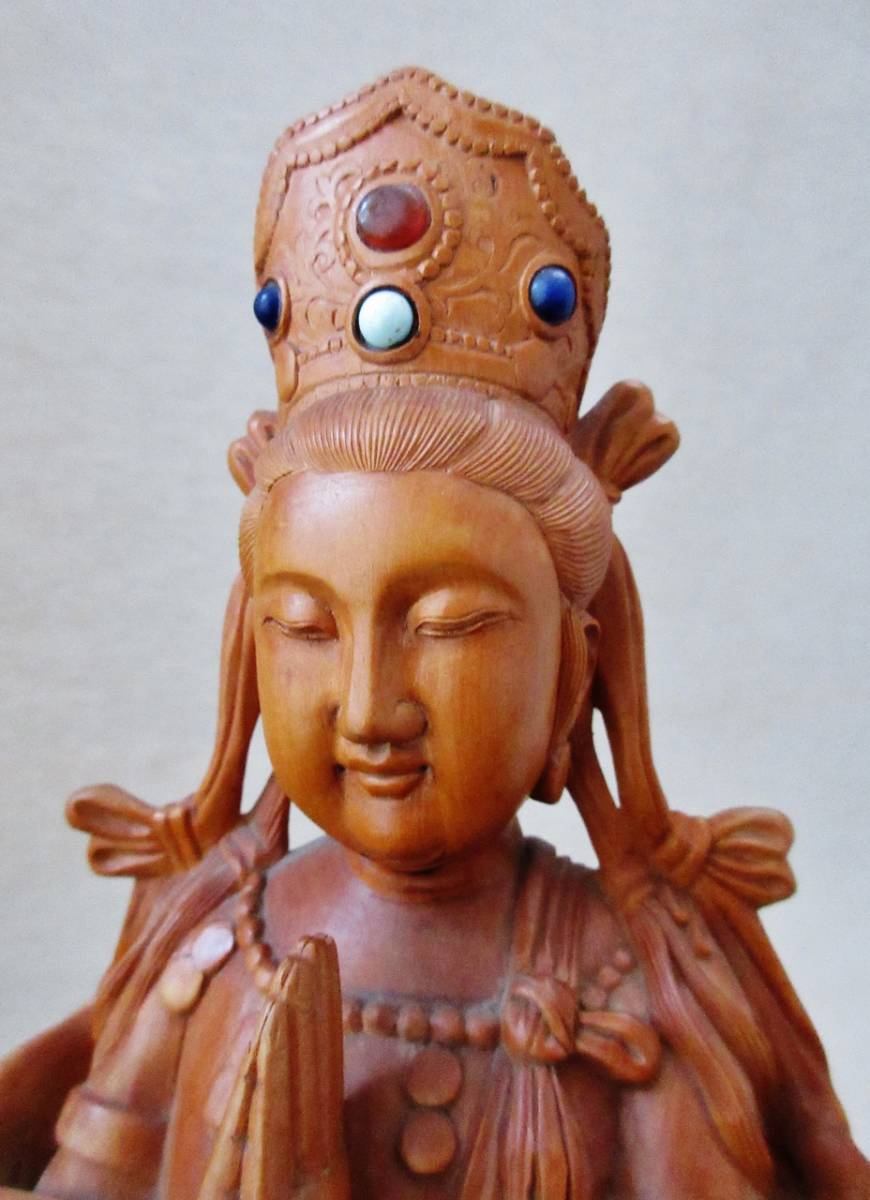 中国古玩玉入り仏像【木彫り合掌観音像】透かし彫り台座込 高さ40cm_2