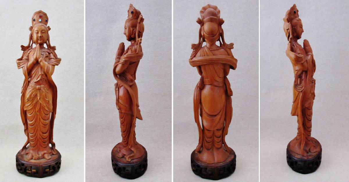 中国古玩玉入り仏像【木彫り合掌観音像】透かし彫り台座込 高さ40cm_3