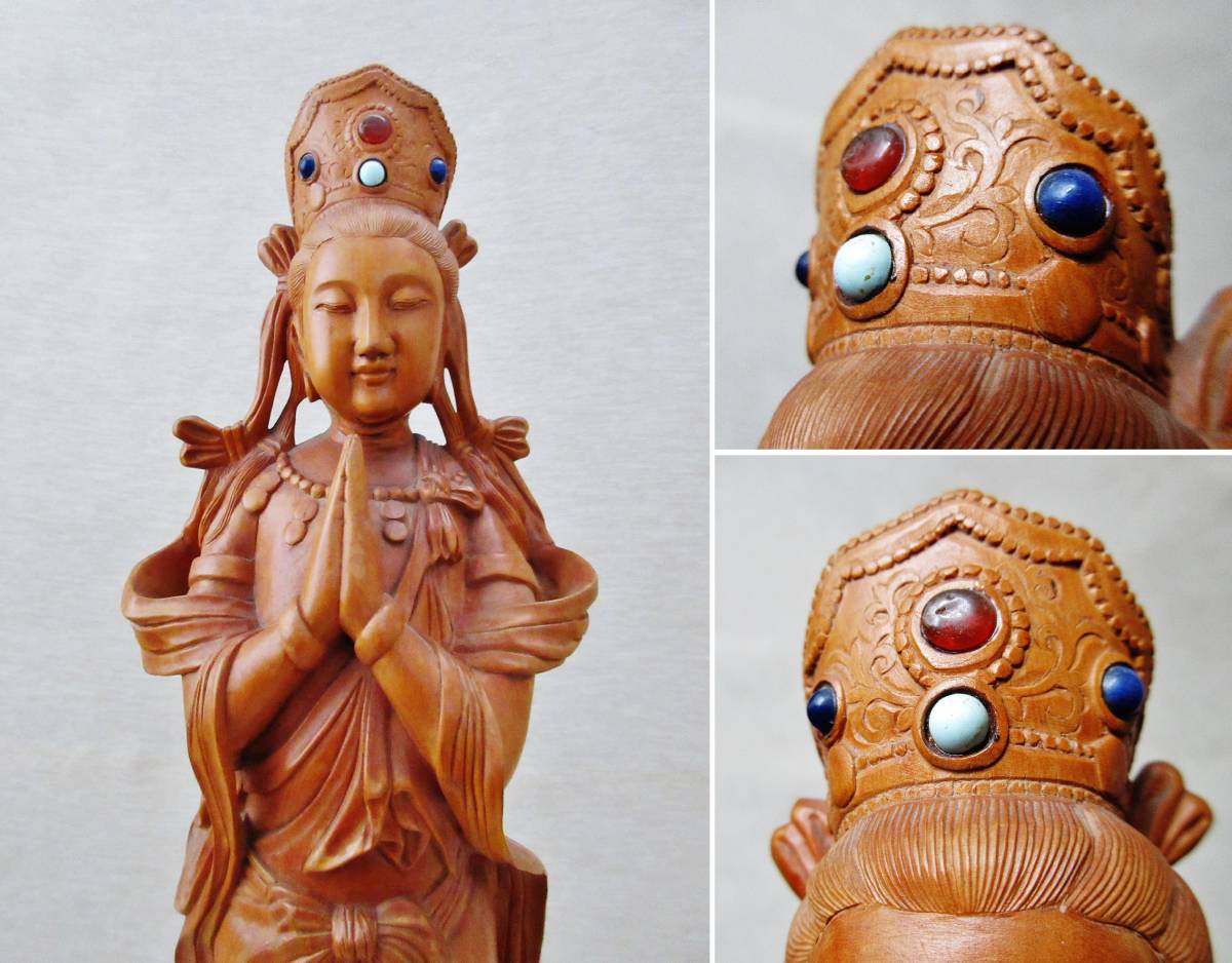 中国古玩玉入り仏像【木彫り合掌観音像】透かし彫り台座込 高さ40cm_5