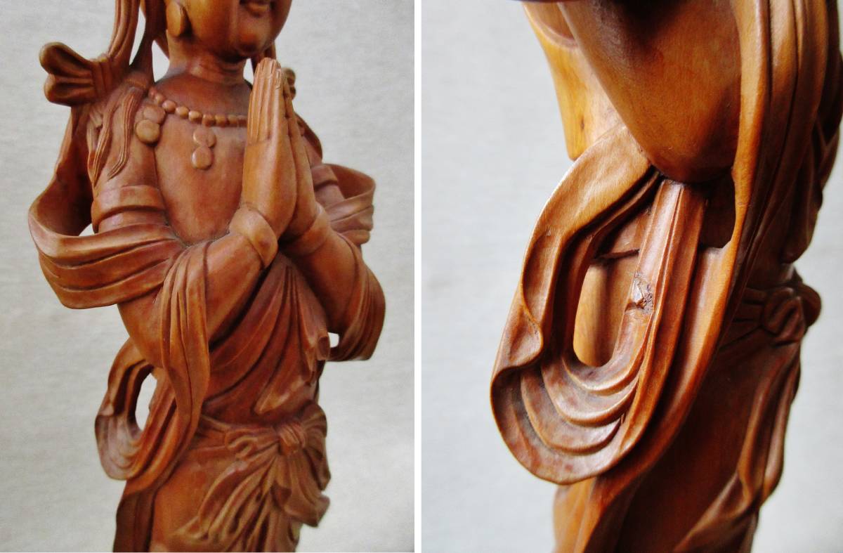 中国古玩玉入り仏像【木彫り合掌観音像】透かし彫り台座込 高さ40cm_6