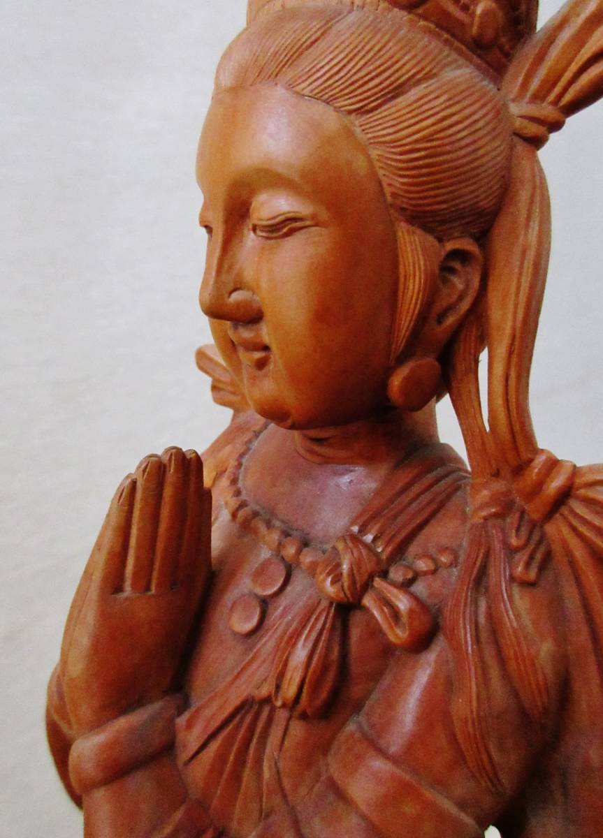 中国古玩玉入り仏像【木彫り合掌観音像】透かし彫り台座込 高さ40cm_7