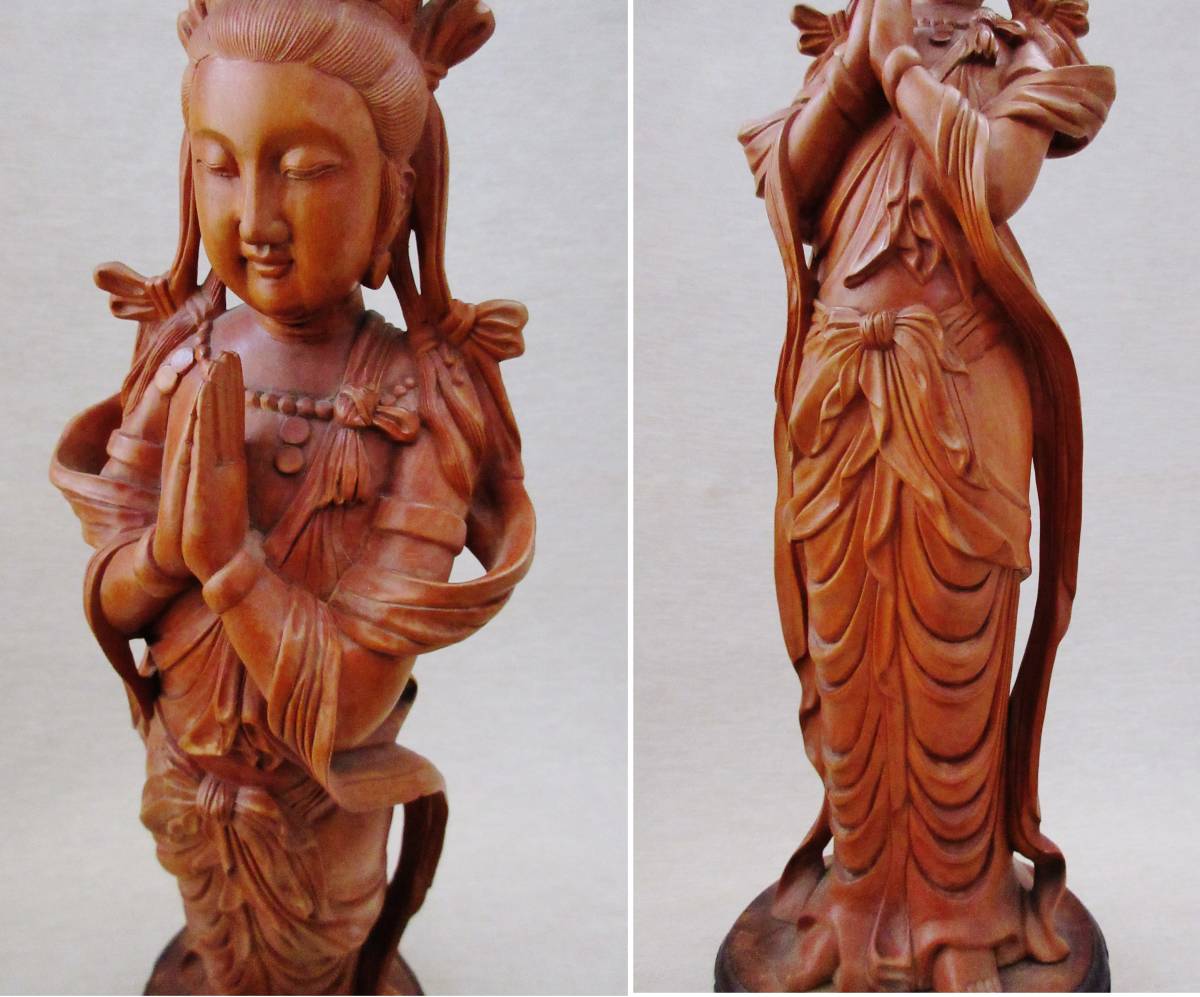 中国古玩玉入り仏像【木彫り合掌観音像】透かし彫り台座込 高さ40cm_8