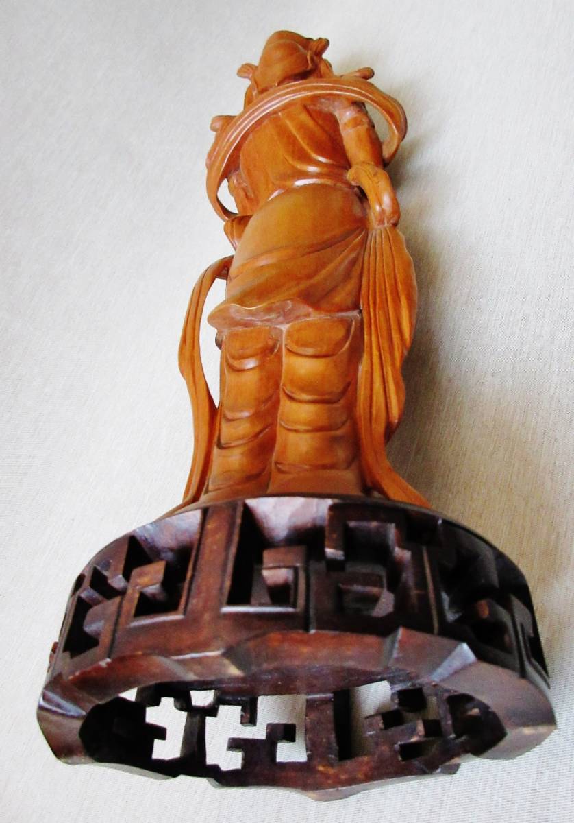 中国古玩玉入り仏像【木彫り合掌観音像】透かし彫り台座込 高さ40cm_9