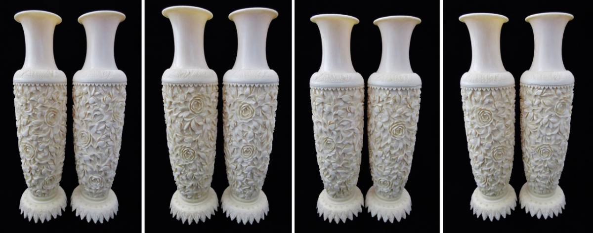 中国古玩象牙風【バラ細工彫物】花瓶一対 高さ 20.5cm_2