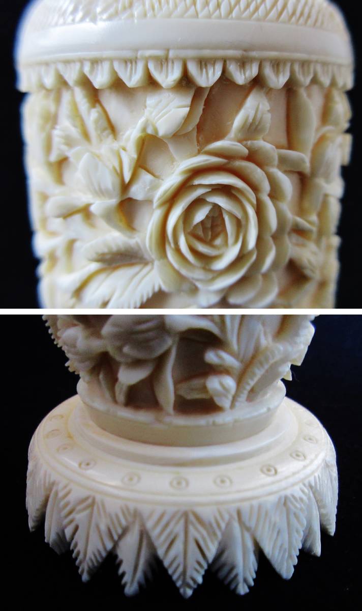 中国古玩象牙風【バラ細工彫物】花瓶一対 高さ 20.5cm_4