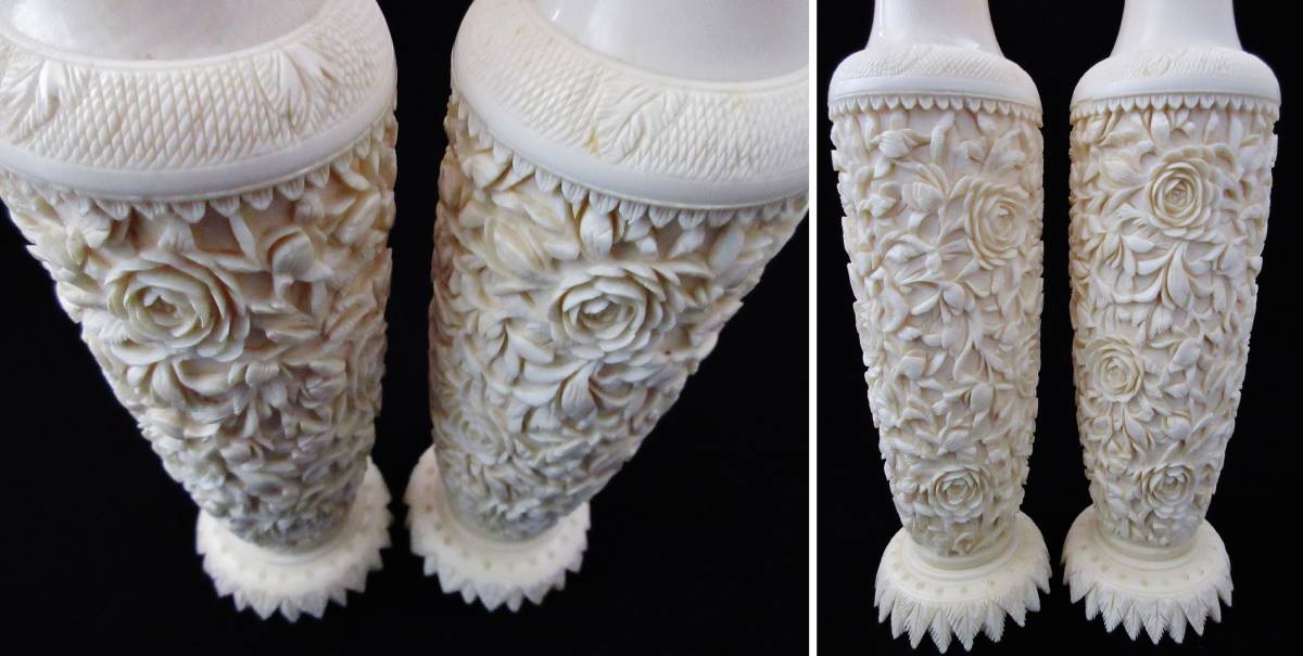 中国古玩象牙風【バラ細工彫物】花瓶一対 高さ 20.5cm_7