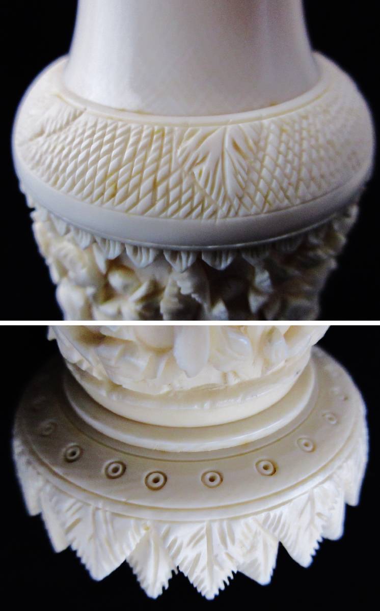 中国古玩象牙風【バラ細工彫物】花瓶一対 高さ 20.5cm_8
