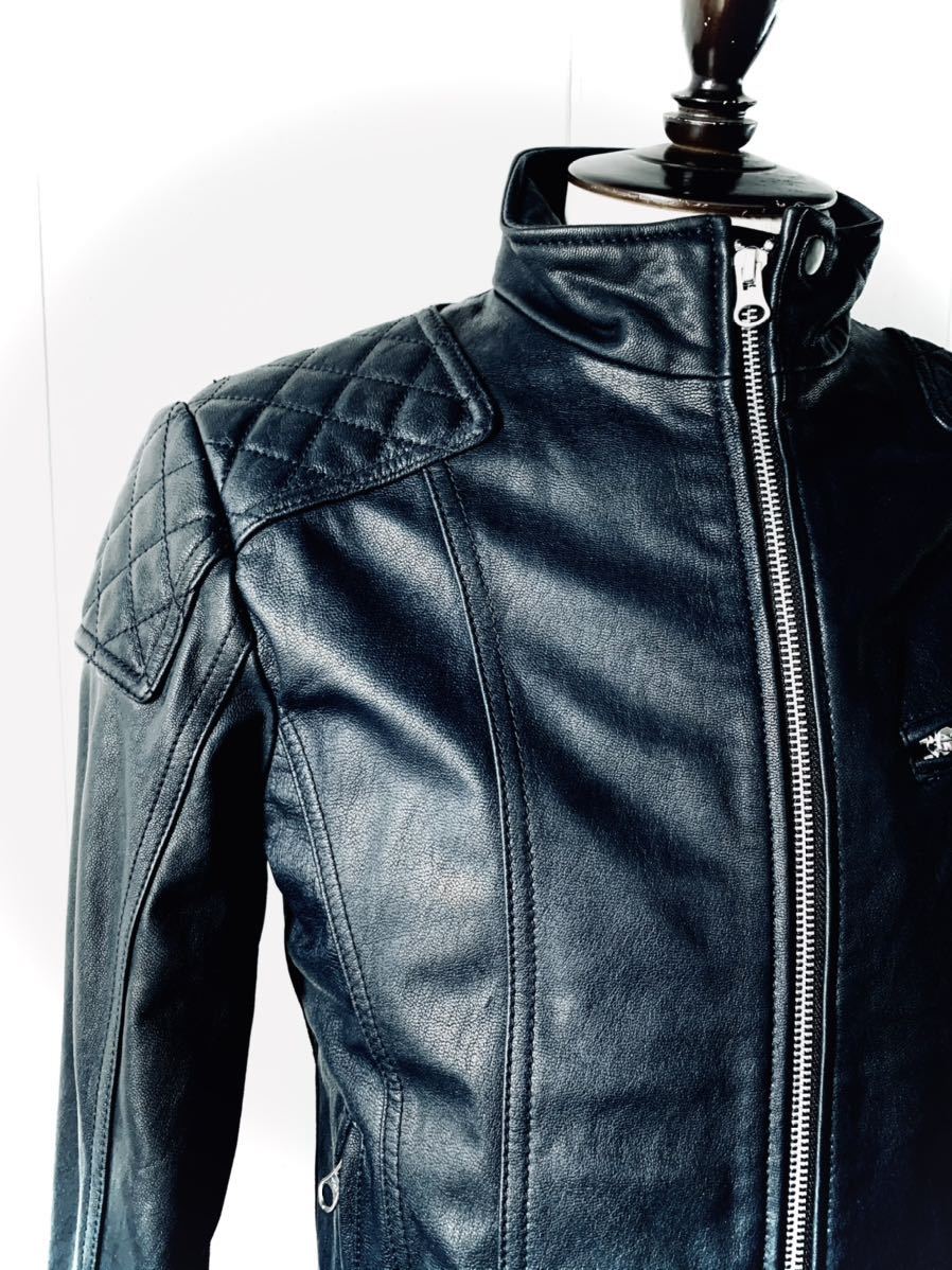極美品 美色ダークブルー edge leathers ゴートスキンラムレザー 