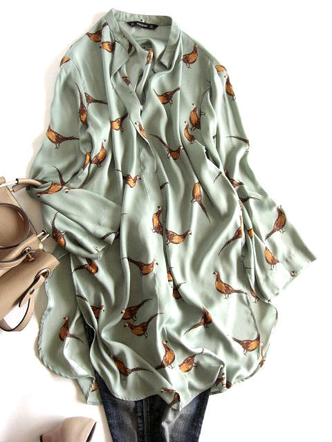 ザラzara鳥模様プリントシャツワンピース くすみグリーン 送料198円 長袖シャツ 売買されたオークション情報 Yahooの商品情報をアーカイブ公開 オークファン Aucfan Com