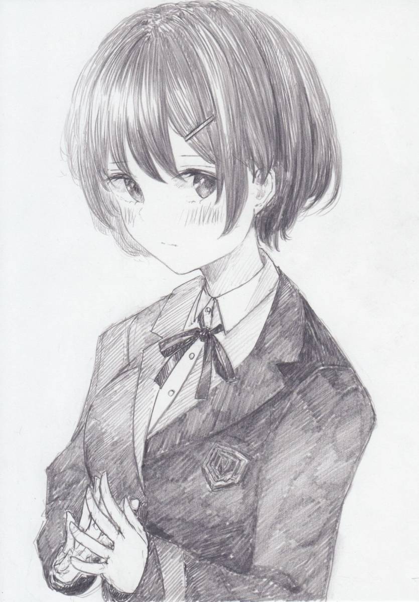 手描きイラスト オリジナル B6 はにかむ女性 シャーペン画 フィキサチフ定着済み 新しいコレクション はにかむ女性