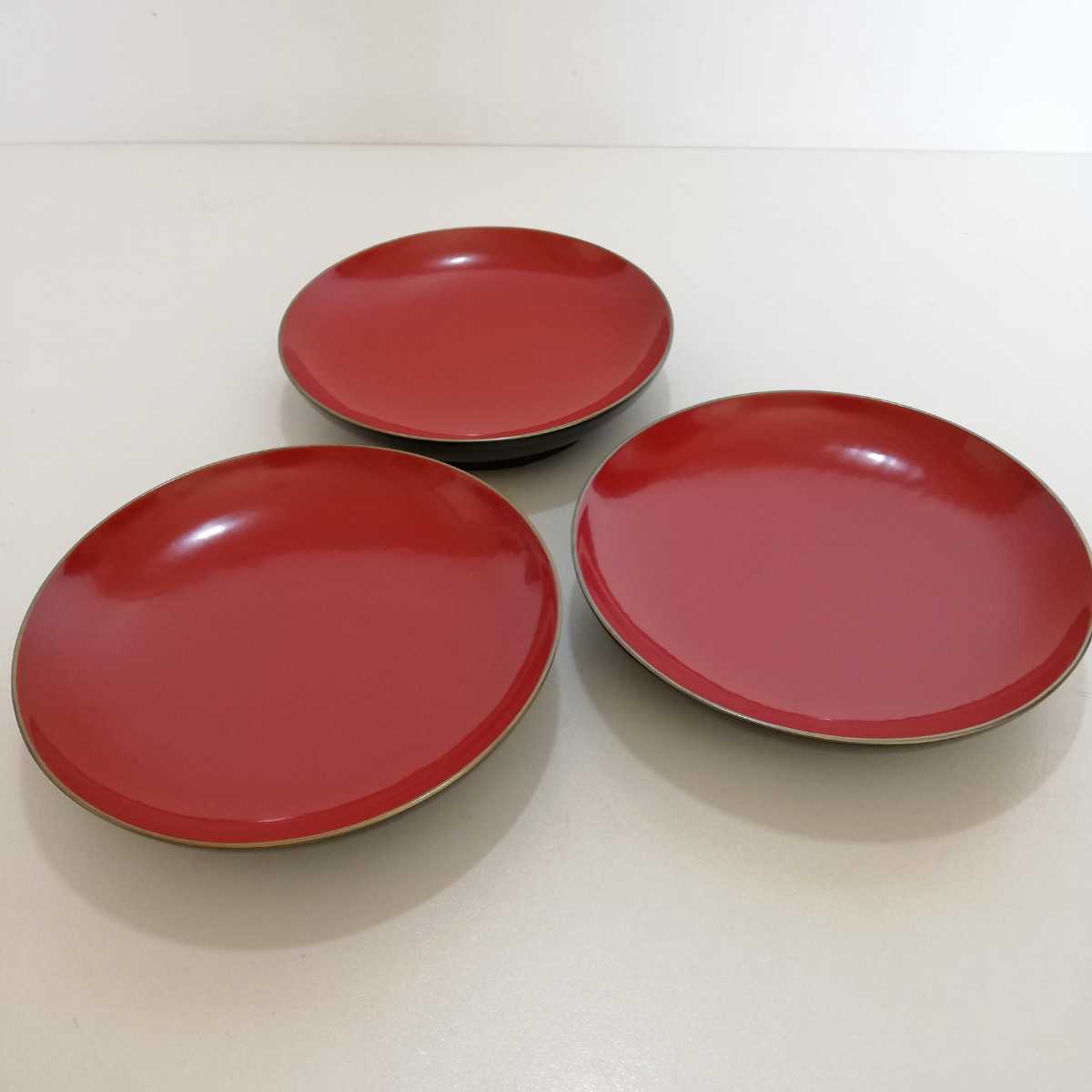 明治期 漆器 青漆内朱菓子皿 14.9cm 3客セット [天然木 銘々皿 木製 漆芸 菓子器 菓子鉢 旧家]