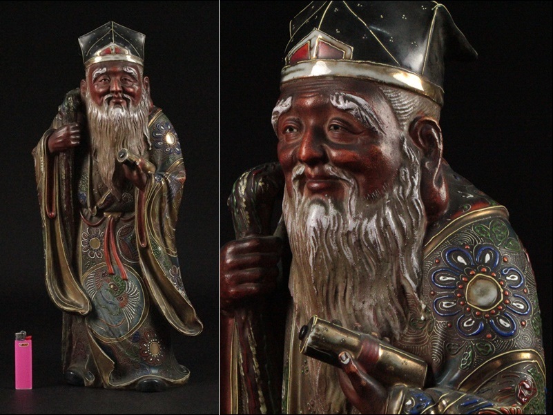 九谷焼 古九谷造 金彩色絵七福神 寿老人像【高47，5cm】仏教美術 古
