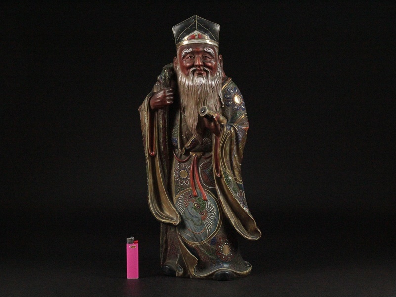 九谷焼 古九谷造 金彩色絵七福神 寿老人像【高47，5cm】仏教美術 古