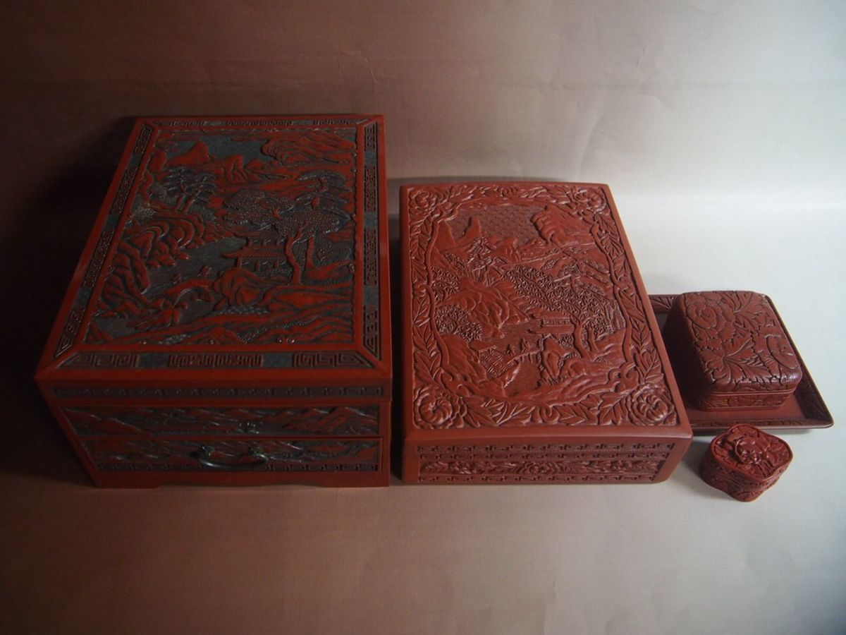 仙台堆朱 楼閣山水図 硯箱 共箱 漆器 書道具 文房具 伝統工芸 未使用