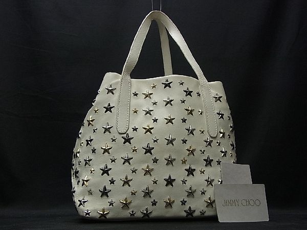 1円 JIMMY CHOO ジミーチュウ ソフィア レザー スタースタッズ ハンドバッグ トートバッグ レディース メンズ ホワイト系 L6980XM