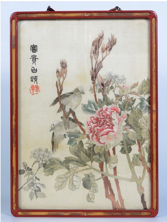 ◇ 中国 刺繍 花鳥図 額装 ◇ 中国画 中国美術 中国古玩 刺繍画 - 孔雀図